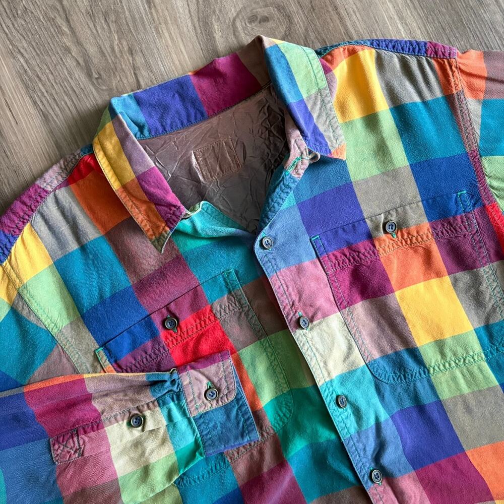 Vintage 1970s Loop Collar Button Down Shirt Color Blocked Patchwork Men's Size M
